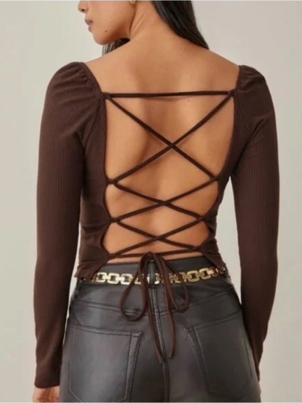 Reformation Brown Ribbed Long-Sleeve Top with Lace-Up Back